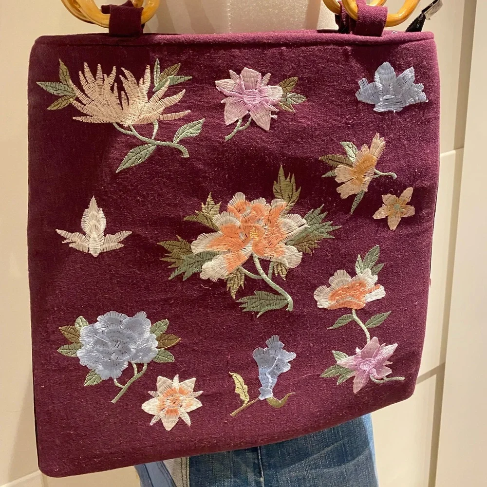 Embroidered Floral Tote with Bamboo Handles - Plum